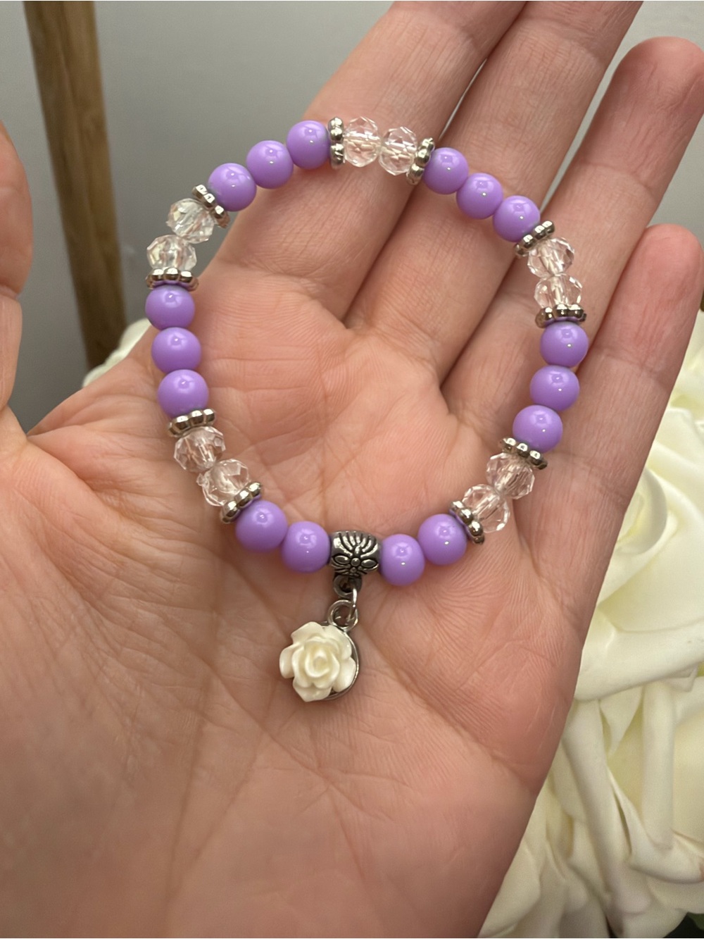 Lavender Beaded Rose Charm Bracelet